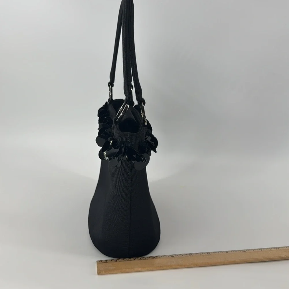 TALBOTS BLACK GROSGRAIN SATIN & BIG DANGLE‎ SEQUINS, BEADED BAG, HANDBAG